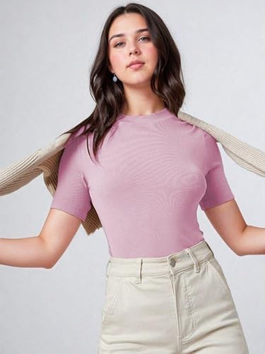 KOTTY Womens Slim Fit Half Sleeve Ribbed T-Shirt(Pink_L)
