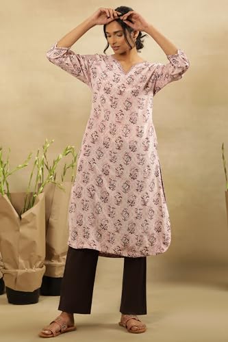 Folksong by W Women Pink Printed Viscose Straight Kurta