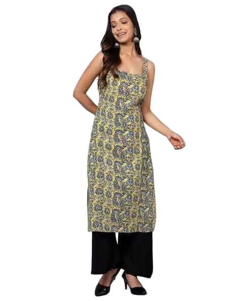 Patlani WomenS Cotton Blened Sleeveless Printed Full Stitched Kurti.(K-199) Yellow