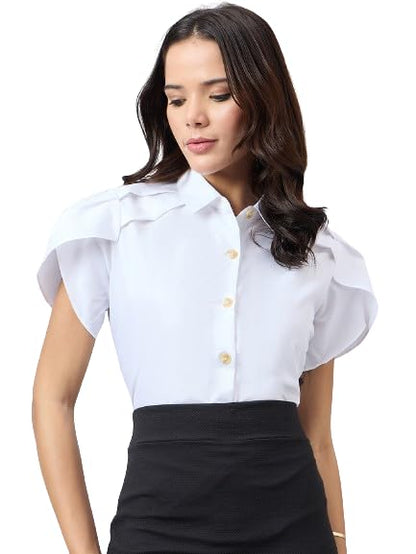Style Quotient Women Solid White Polycotton Regular Fit Formal Tulip Sleeve Shirt