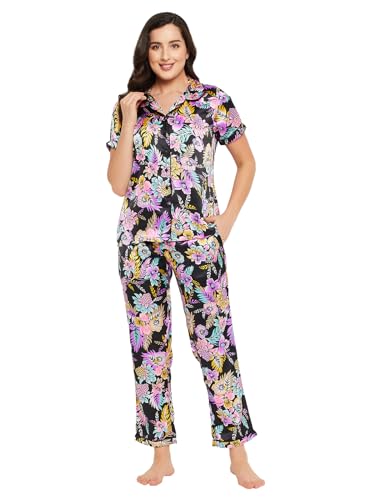 Clovia Womens Satin Pretty Florals Button Me Up Shirt & Pyjama Set (NS1212P19_Black_M)