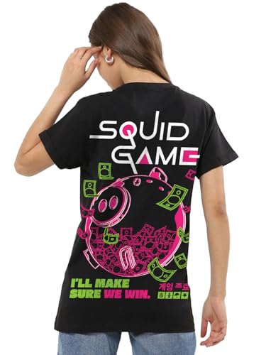 Bewakoof Official Squid Game Merchandise Womens Graphic Print Boyfriend Fit Half Sleeve Round Neck Cotton T-Shirt_683829_Black_