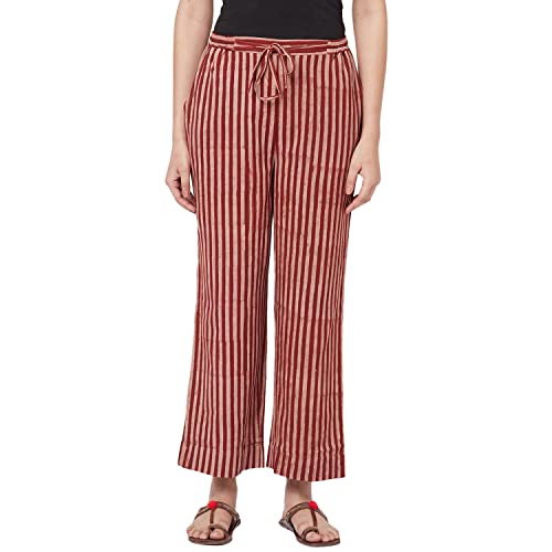 Fabindia Women Flax Bagru Printed Casual Pants Cotton_M Beige