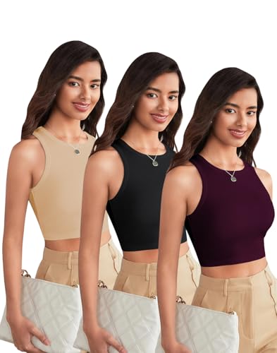 Toochki Womens Casual Sleeveless Solid Crop Tops Pack of Three Tops