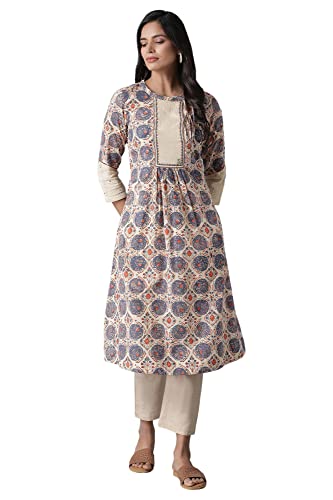 W for Woman Women Cotton Gathered A-Line Hand Block Print Kurta