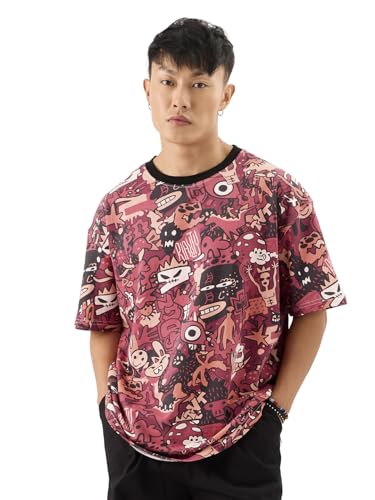 The Souled Store Scribbles Men and Boys Short Sleeves Round Neck Pink All Over Printed Cotton Oversized T-Shirts