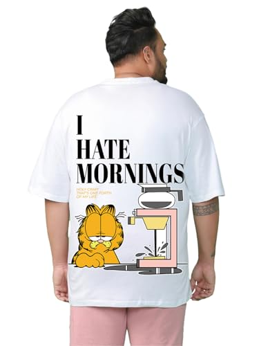 Bewakoof Official Garfield Merchandise Garfield Mens Graphic Print Oversized Fit Half Sleeve Round Neck Cotton Plus Size T-Shir