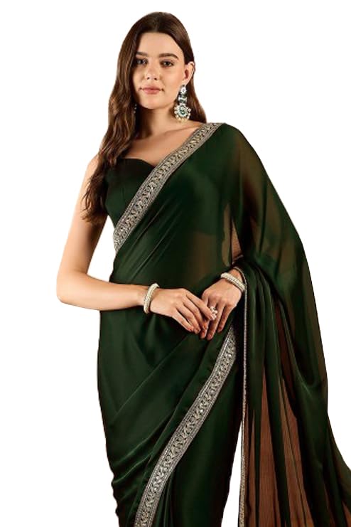 Cb-Colebrook Women'S Soft Satin Saree With Embroidered Sequin Border With Blouse Piece, Traditional Indian Ethnic Wear, Party, W