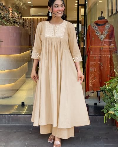 Toochki Womens Muslin Flared Anarkali Embroidered Kurta with Palazzo Beige