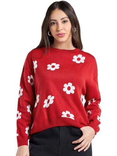 Bewakoof WomenS All Over Printed Oversized Fit Full Sleeve Round Neck Acrylic Sweater_680244_Red_2Xl