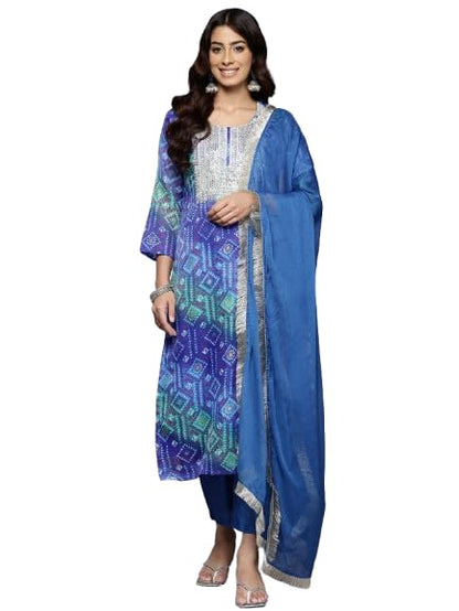 Varanga WomenS Blue Bandhani Printed Zari Embroidered Kurta With Bottom And Dupatta