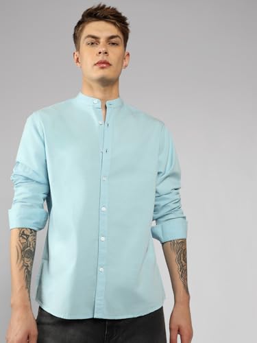 Dennis Lingo MenS| Blue| Full Sleeve| Mandarin Collar| Solid| Regular Fit| Casual Shirt