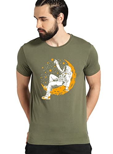 ADRO Astronaut Graphic Design Mens Printed T-Shirts (RNR-M-Moon-OL_Olive_XL)