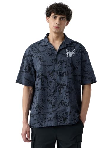 The Souled Store Venom: Pure Destruction Men and Boys Short Sleeves Collared Neck Button Front Grey All Over Printed Cotton Regu