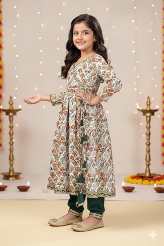 Naixa GirlS Rayon Anarkali Cream Printed Tassel Tie Kurta Set With Churidar Outfit V Nack 3/4 Sleeves And Golden Lace Dupatta (