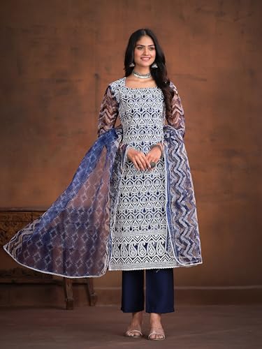 ishin Women's Ethnic Navy blue and white Organza Kurta Sets with Dupatta
