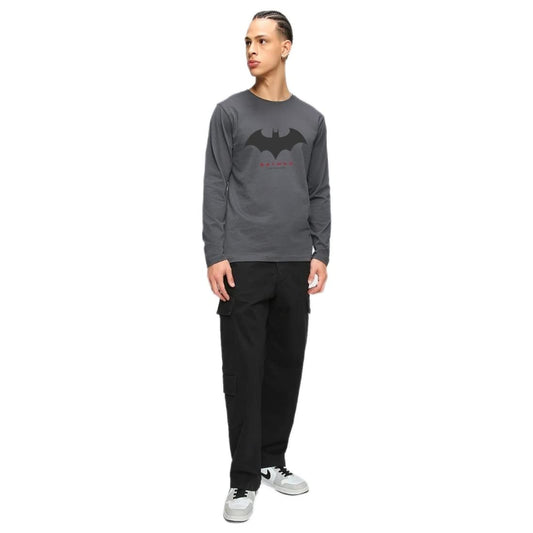Bewakoof Mens Batman Outline Logo (BML) Graphic Print Cotton T-Shirt- Regular Fit, Round Neck, Long Sleeves 578692_Grey_S