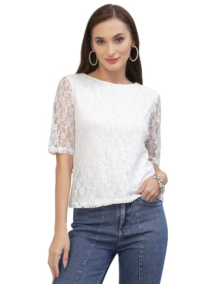 Style Quotient Women White Lace Insert Embroidered Floral Top