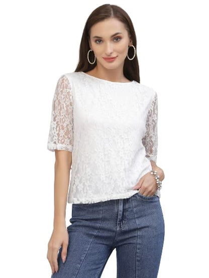 Style Quotient Women White Lace Insert Embroidered Floral Top