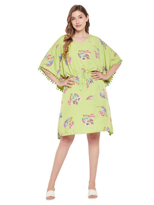 Clovia Womens Crepe Pretty Florals Short Kaftan (Rw0034D11_Green_XL-XXL)