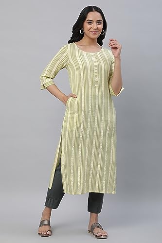Aurelia Yellow Striped Blend Straight Long Kurta