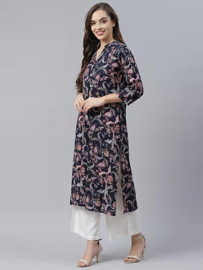 PATLANI Womens Crepe Full Stitched Kurti. Dark Blue