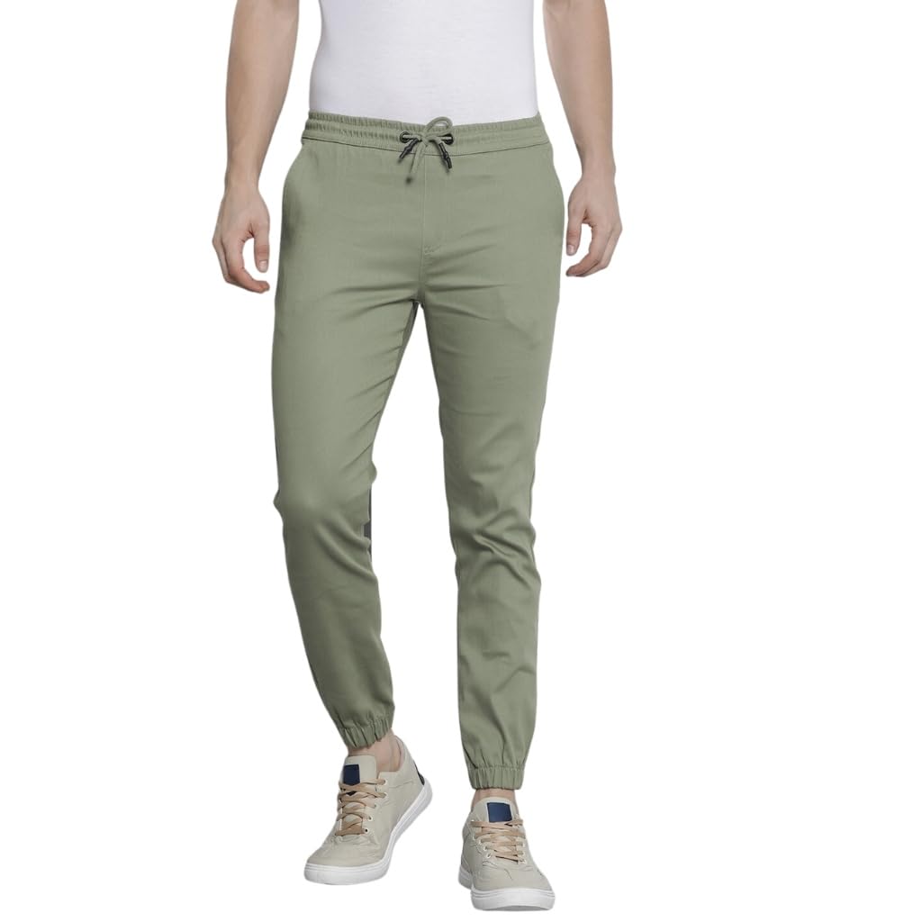 The Indian Garage Co Men Slim Fit Solid Mid-Rise Stretchable Chino Joggers Oil Green