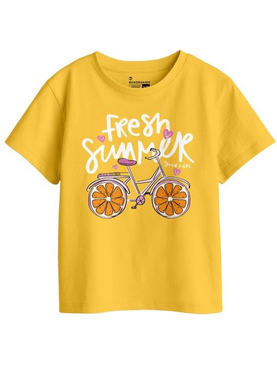 Bon Organik Girls Printed Pure Cotton Applique T-Shirt Yellow