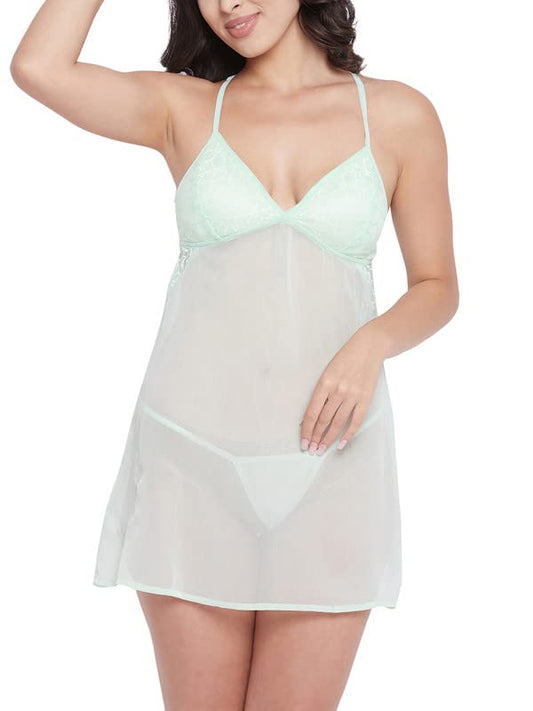 Clovia Womens Georgettesheer Babydoll with Matching Thong (Ns1437R11_Green_M)