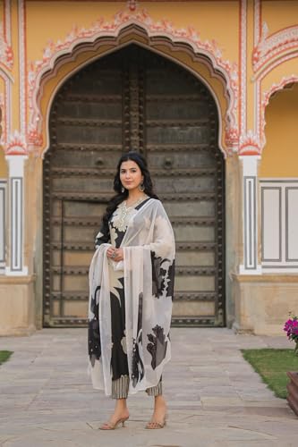 ANNI DESIGNER Womens Cotton Blend Straight Printed Kurta with Pant & Dupatta (5jee Black_L_Blue_Large)