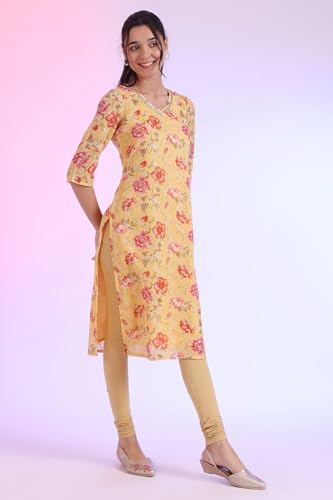 Aurelia Women's Yellow Printed Straight Kurta