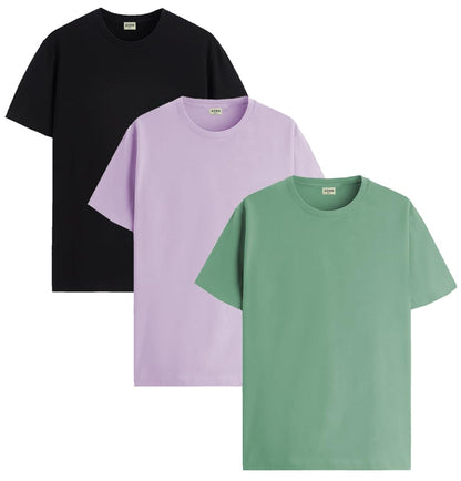 ADRO Mens Solid Regular Fit T-Shirt (RCM3-PLN-PU-BL-PT_Purple,Black,Pista