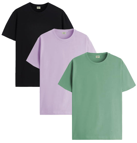 ADRO Mens Solid Regular Fit T-Shirt (RCM3-PLN-PU-BL-PT_Purple,Black,Pista