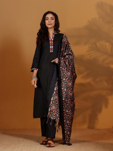 Varanga Women Mandarin Collar Embroidered Straight Kurta With Trouser & Floral Printed Dupatta