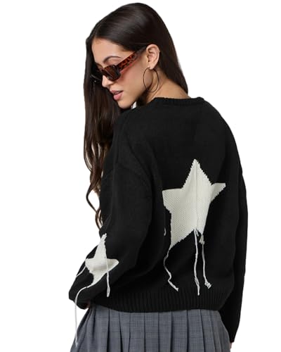 Bewakoof WomenS Self Design Oversized Fit Full Sleeve Round Neck Acrylic Sweater_680232_Black_S