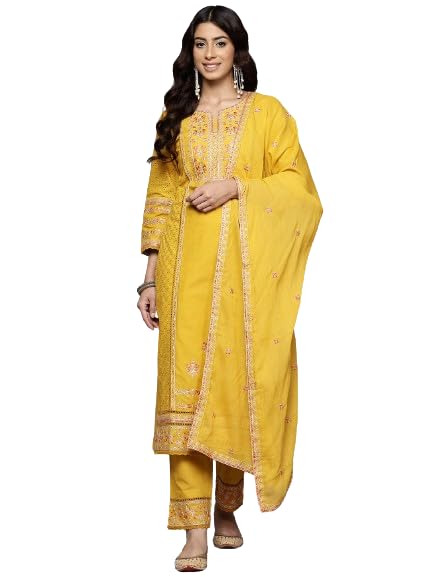Varanga Women Yellow Floral Thread Embroidered Sequins Embellished With Lace Deatiled Kurta With Bottom And Dupatta