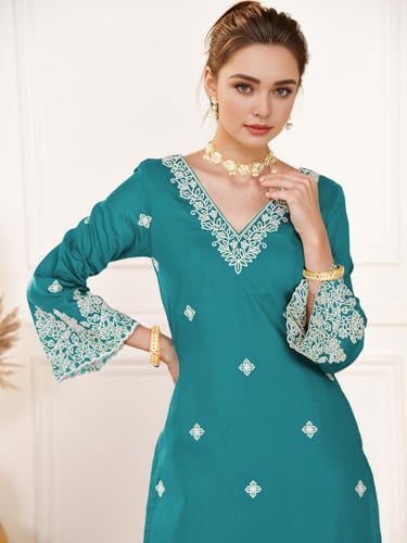 Shienzy WomenS Embroidered Chanderi Kurta Pant Set With Net Dupatta | V Neck, 3/4 Sleeve Ethnic Set | Outfit For Office Wear (1