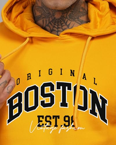ADRO Men's Printed Hoodie, Cotton, Size 34, Mustard - Model H24-BOST-MU