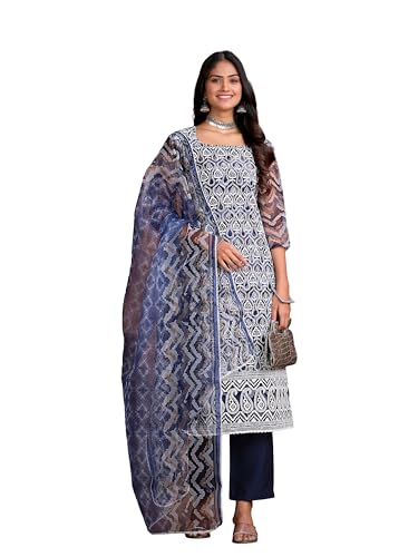 ishin Women's Ethnic Navy blue and white Organza Kurta Sets with Dupatta