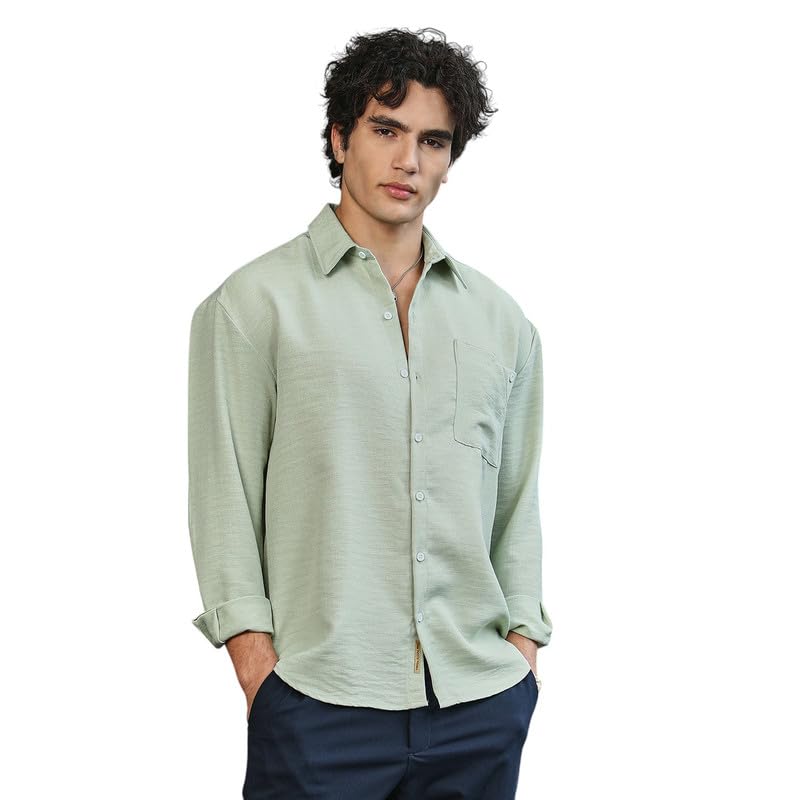Campus Sutra Mens Sage Green Modular Solid Oversized Shirt for Casual Wear | Spread Collar | Long Cuffed Sleeves | Button Closu