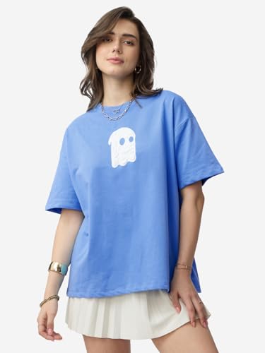 The Souled Store Soul Rising Women and Girls Short Sleeves Round Neck Blue Graphic Printed Cotton Oversized T-Shirts