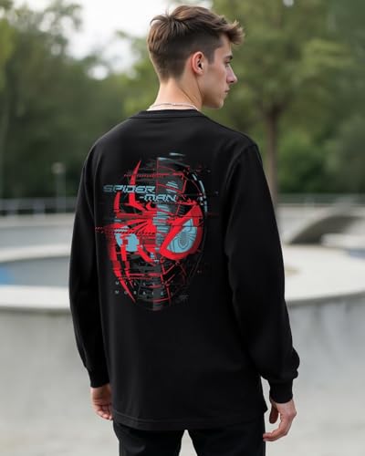 Bewakoof Official Marvel Merchandise Mens Graphic Printed Oversized Fit Full Sleeve Round Neck Cotton Jersey T-Shirt 636662 Bla