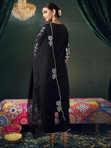 Sanisa Women's Silk Blend Embroidery and Mirror Work Straight Kurta with Pant and Dupatta Set