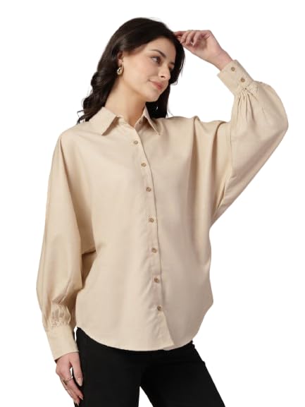 Style Quotient Women Beige Polycotton Solid Oversize Smart Casual Shirt