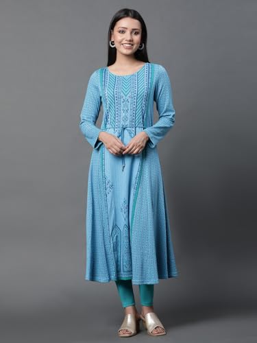 Aurelia Blue Printed Flared Kurta and Tights Winter Set