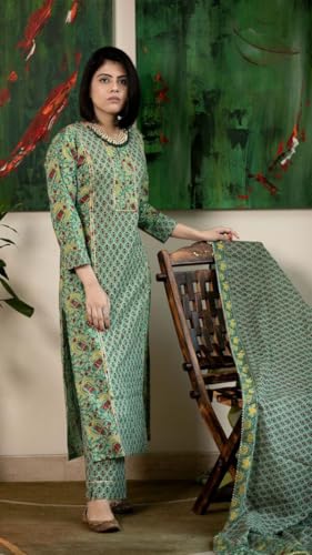GoSriKi Printed Rayon Kurta with Trousers & Dupatta, 4XL, Green, Model SANGHVI GREEN-GS