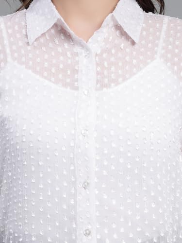Style Quotient Women White Self Design Swiss Dot Polyester Smart Casual Shirt