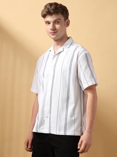 Dennis Lingo Men White Stripes Half Sleeves Relaxed Fit Shirts