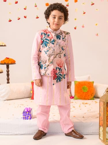 Pspeaches Boys Floral Printed Pure Cotton Kurta With Pyjamas Jacket