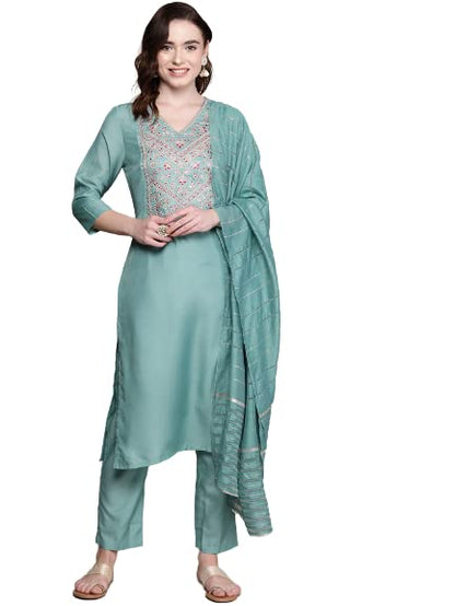 anubhutee Women's Rayon sea Green Ethnic Motifs Embroidered straight Kurta Suit Set With Pants And Dupatta